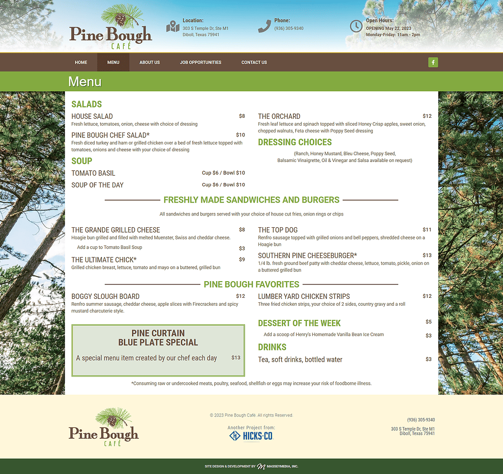Pine bough café menu website design screenshot