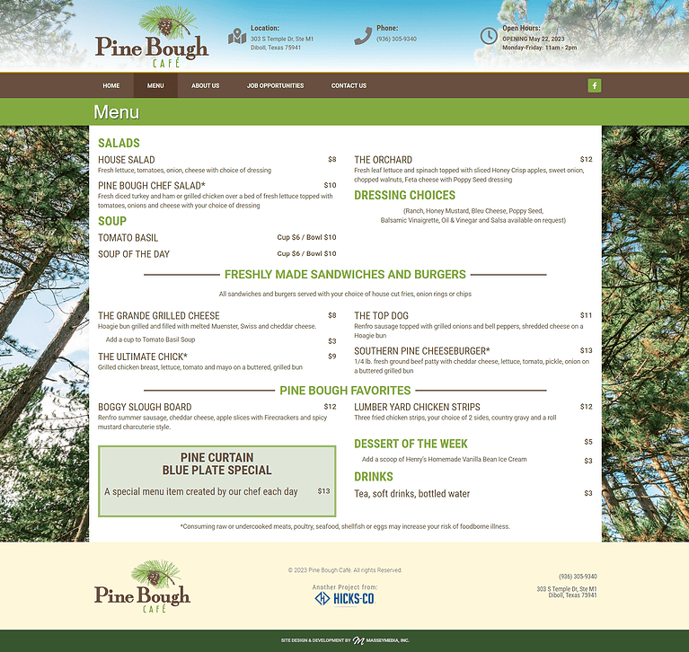 Pine Bough Café Menu Website Design Screenshot