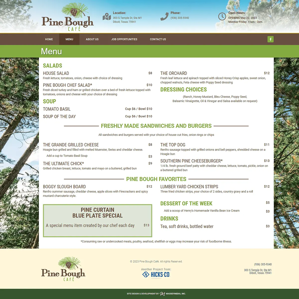 Pine bough café menu website design screenshot
