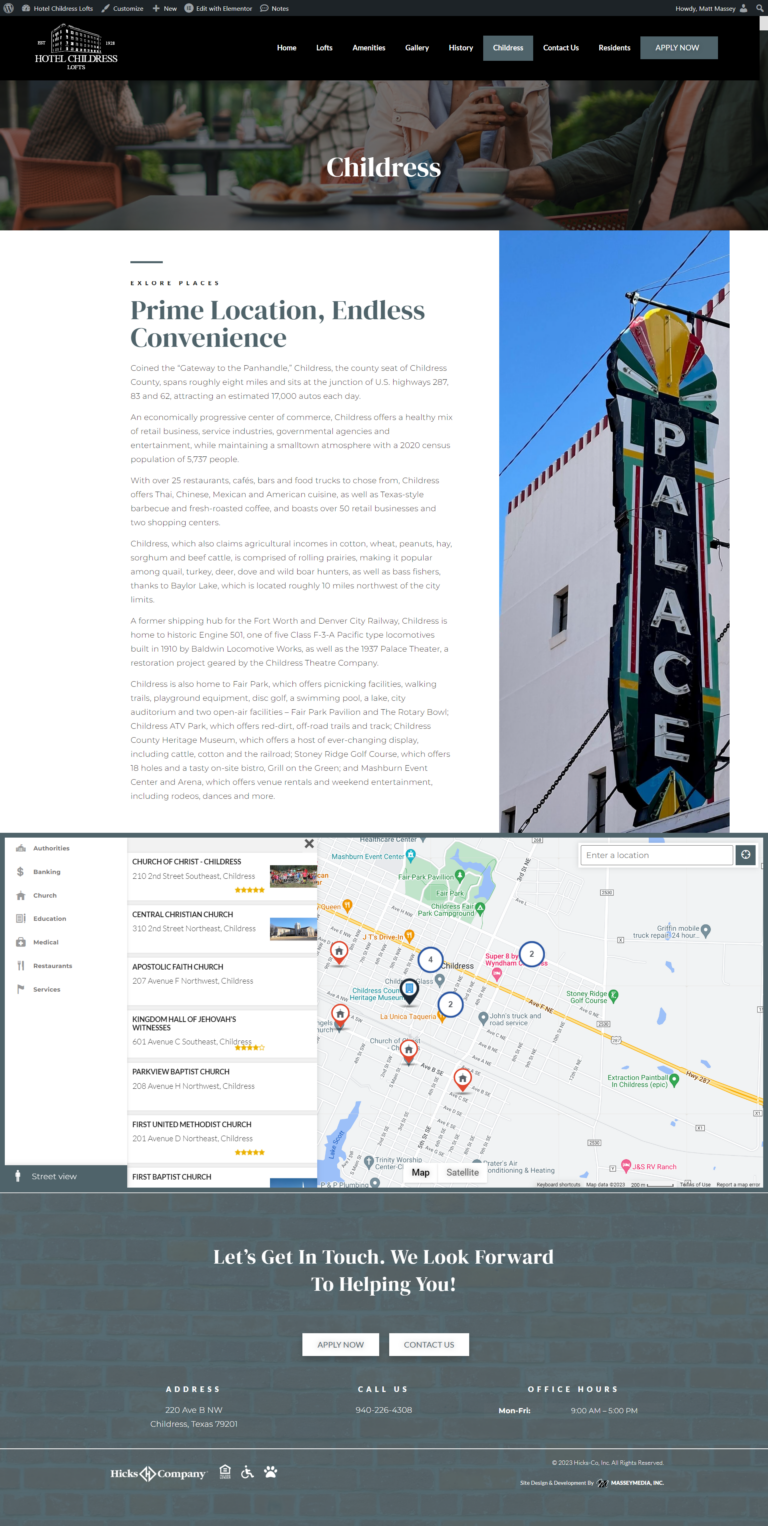 Hotel Childress Lofts Website Design Screenshot - About Childress