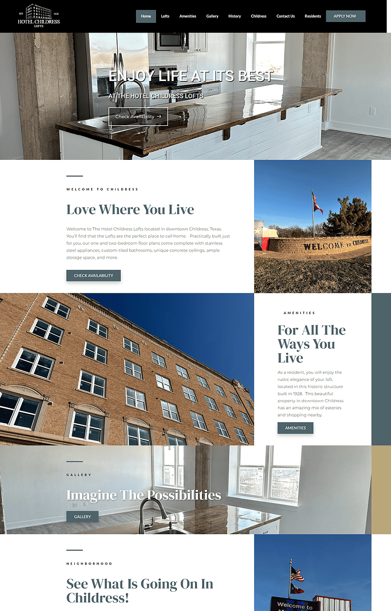 Hotel Childress Lofts Website Design Screenshot - Homepage