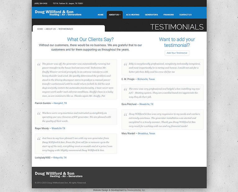 Williford & Son Website Design Screenshot - Testimonials