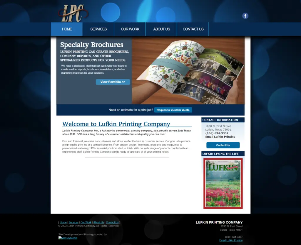 Lufkin printing website design screenshot - homepage