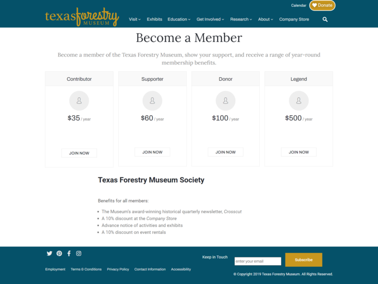 Texas Forestry Museum Website Design Screenshot - Become a Member