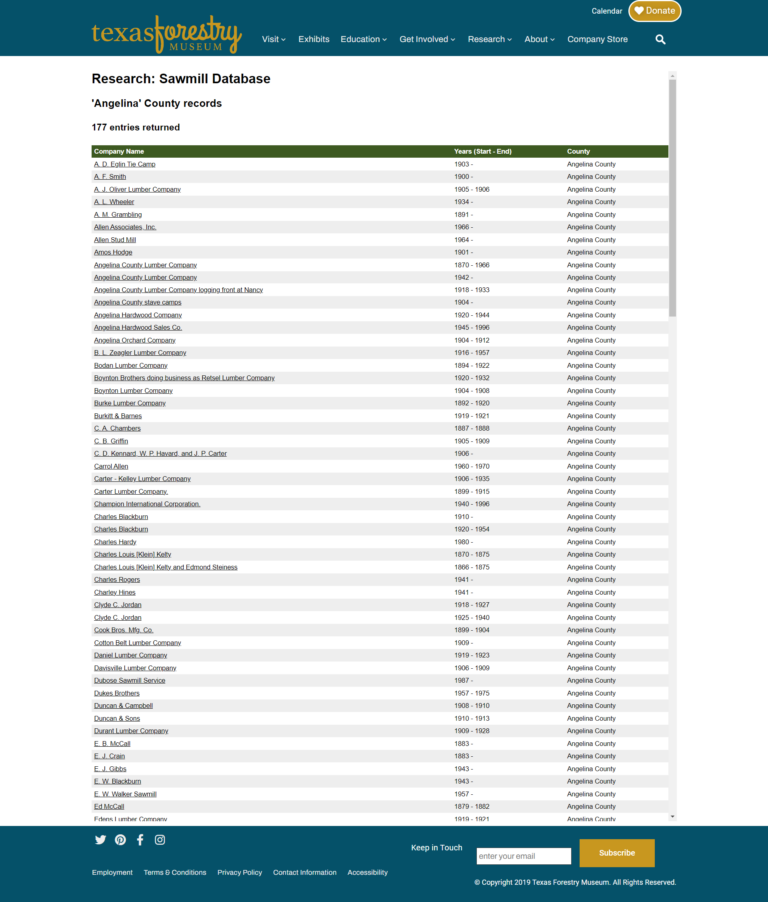 Texas Forestry Museum Website Design Screenshot - Online Databases