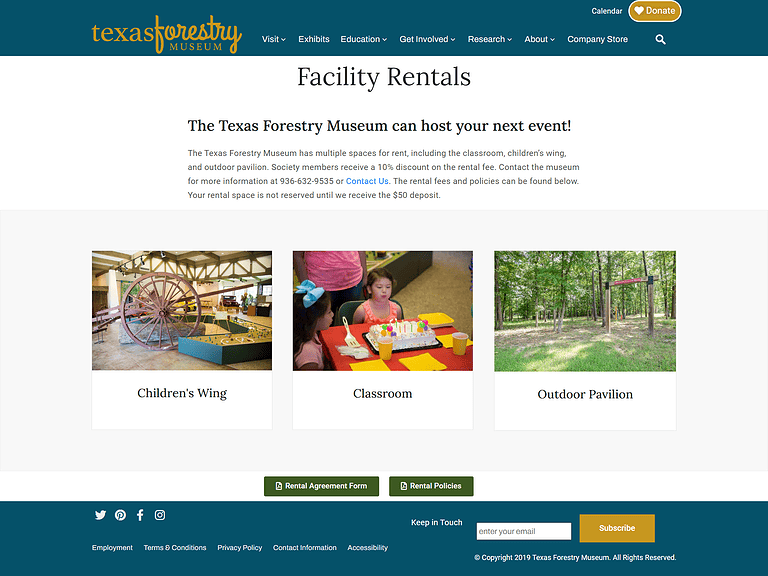 Texas Forestry Museum Website Design Screenshot - Facility Rentals