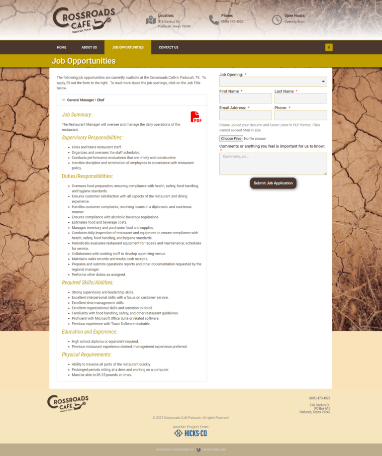 Crossroads Café Paducah Website Design Screenshot - Job Opportunities