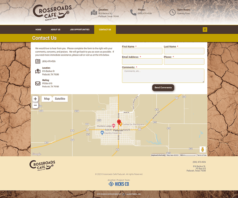 Crossroads Café Paducah Website Design Screenshot - Contact Us