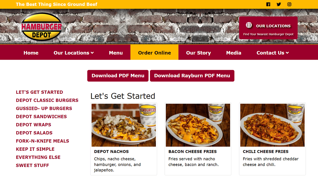 Hamburger depot menu website design screenshot