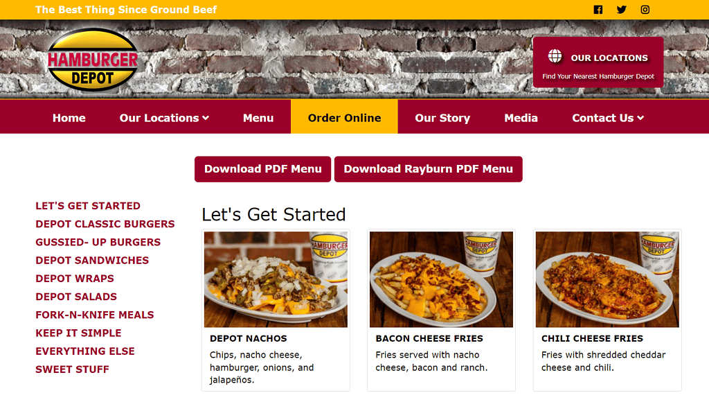 Hamburger Depot Menu Website Design Screenshot
