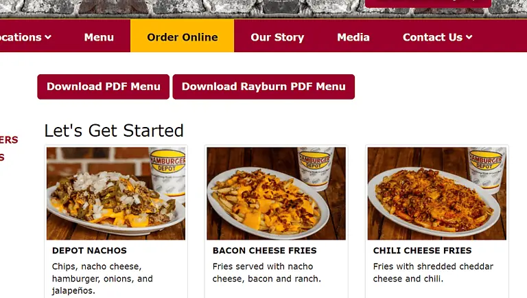 Hamburger Depot Menu Website Design Screenshot