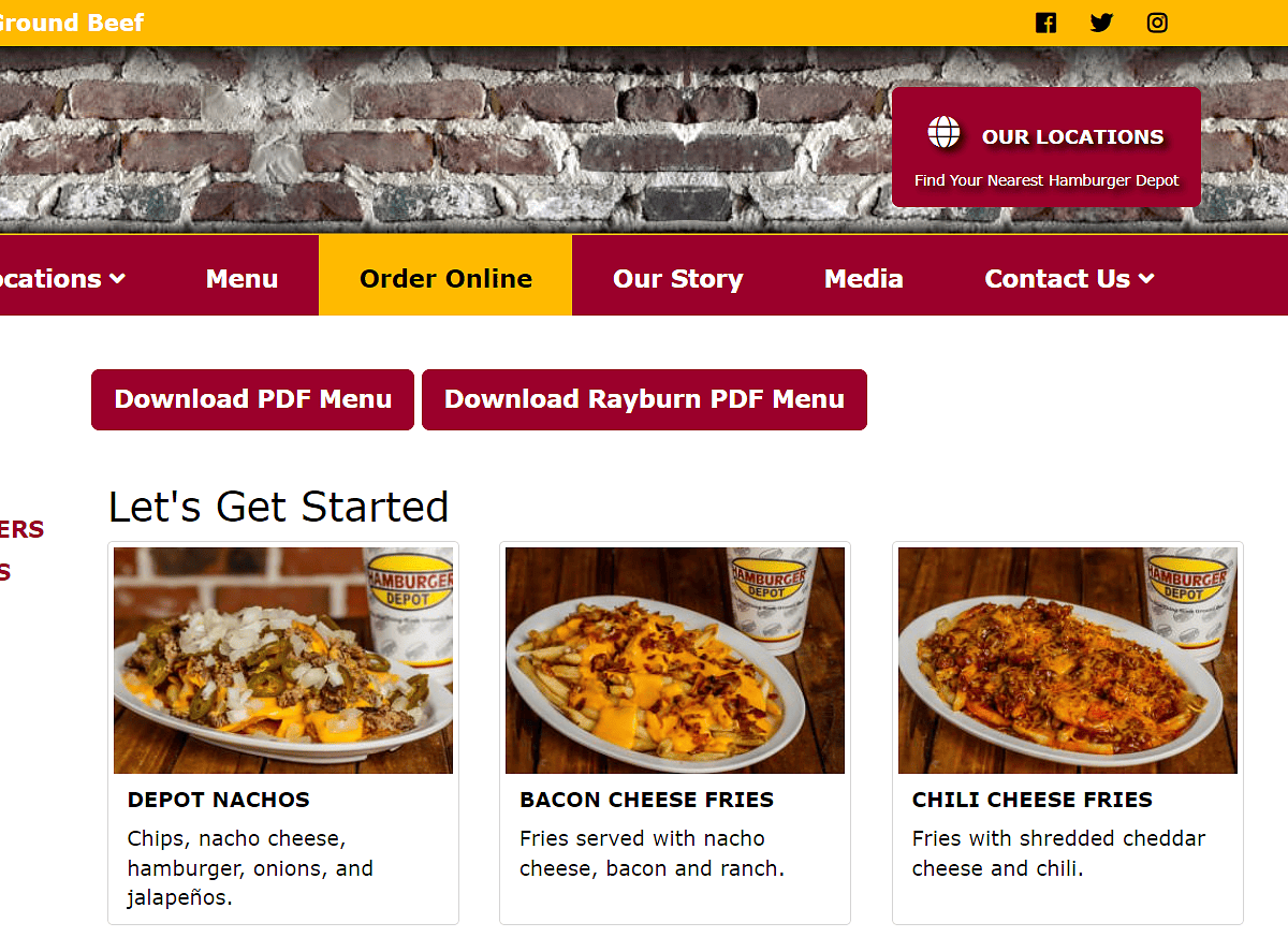 Hamburger Depot Menu Website Design Screenshot