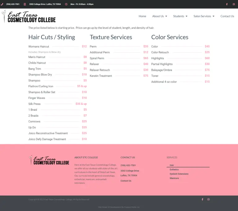 East Texas Cosmetology College Screenshot - Lufkin, TX - East Texas Website Design