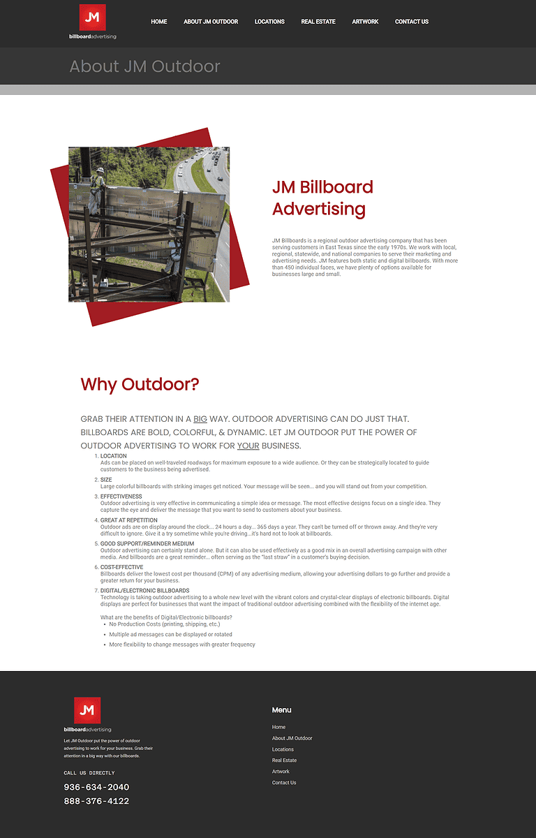 JM Outdoor Website Screenshot - About Us