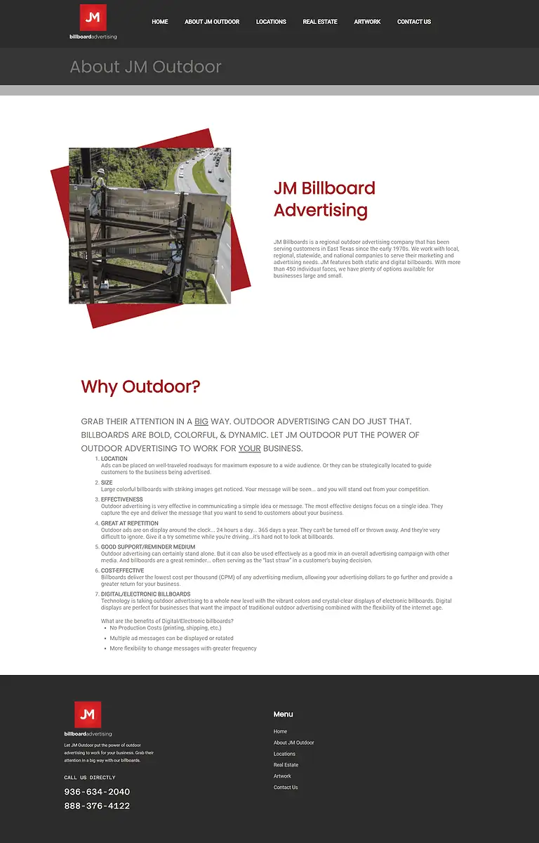 JM Outdoor Website Screenshot - About Us