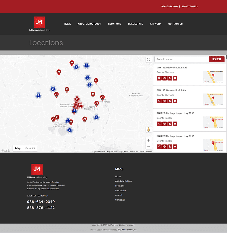 JM Outdoor Website Screenshot - Billboard Locations